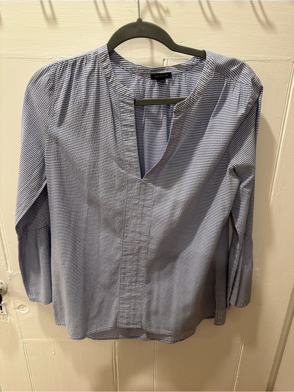 Women's Blue Stripe Collarless Shirt with bell sleeve - Ann Taylor